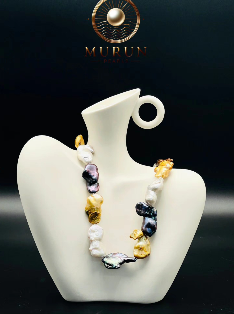 Luxury Baroque Freshwater Pearl Necklace – Gold, White & Black Multicolor | Murun Pearls Mongolia