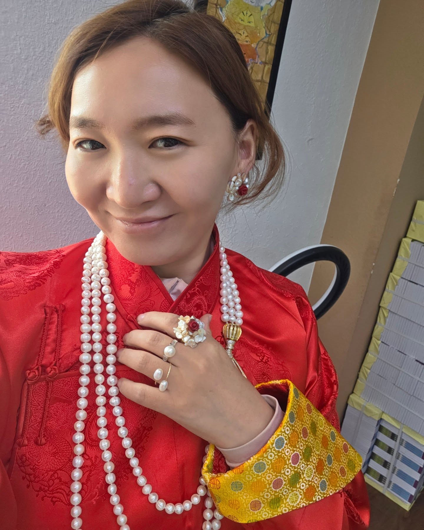 Imperial Harmony: Layered Pearl Necklace with Red Floral Accents