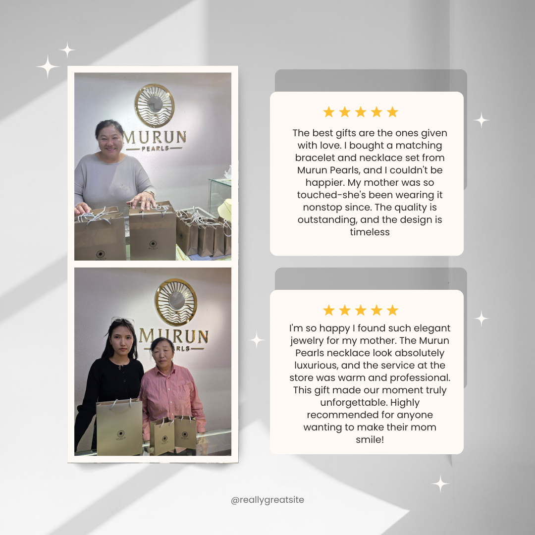 Murun Pearls boutique staff preparing luxury pearl jewelry packaging with branded gift bags – premium in-store shopping experience in Mongolia.