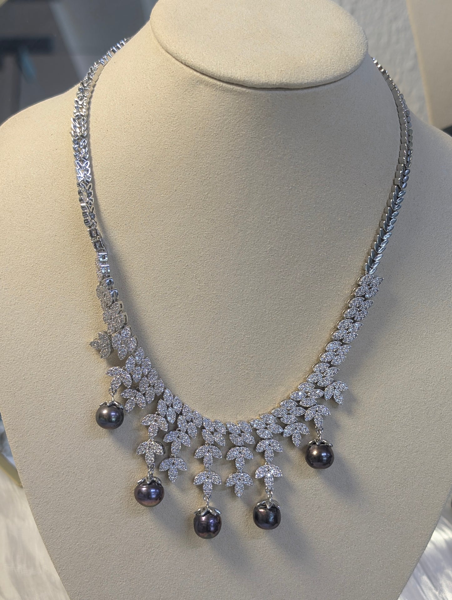 Royal Black Pearl Necklace with Diamond-Leaf Design