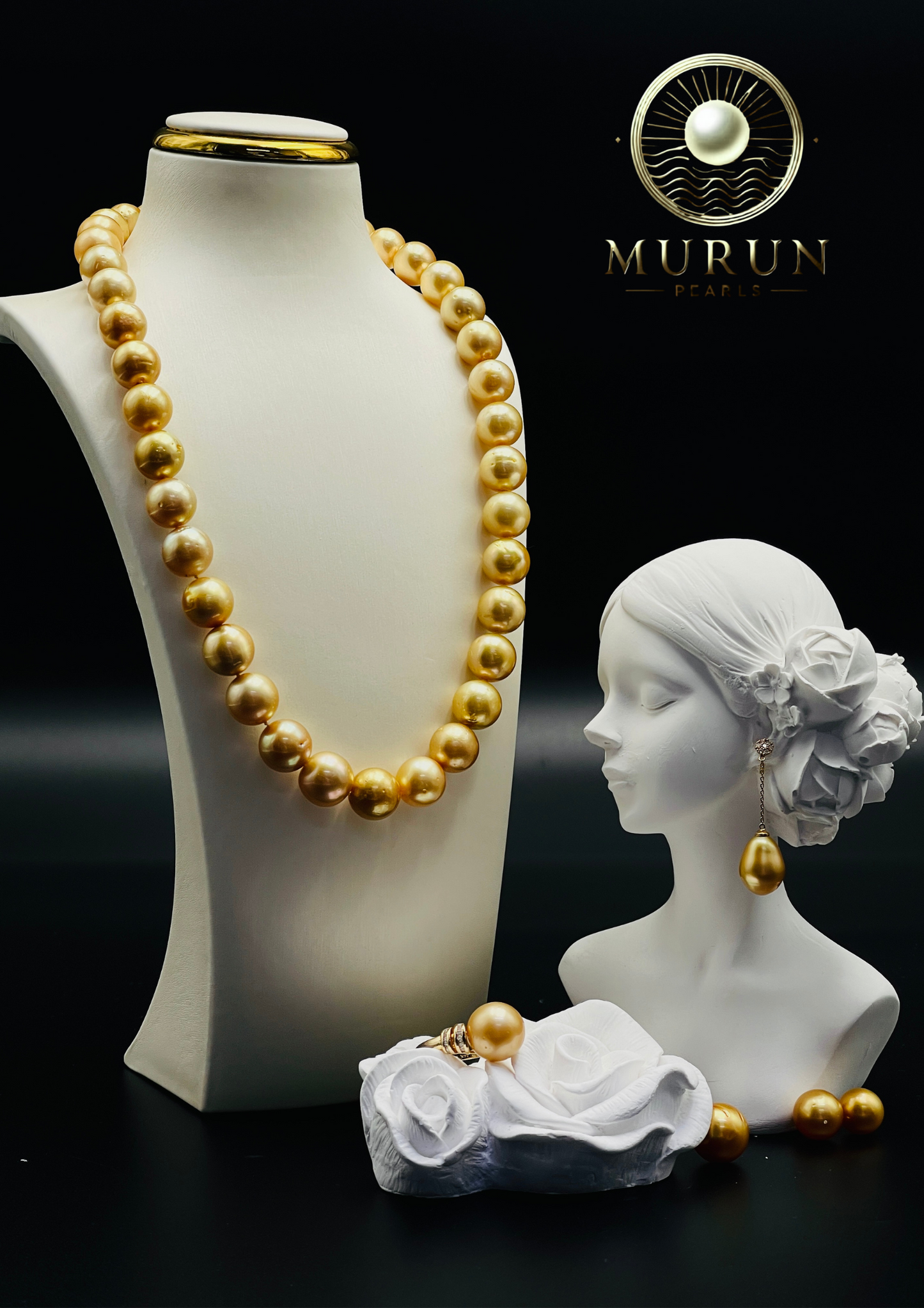 Golden South Sea Pearl Jewelry Set - Necklace, Earrings & Ring
