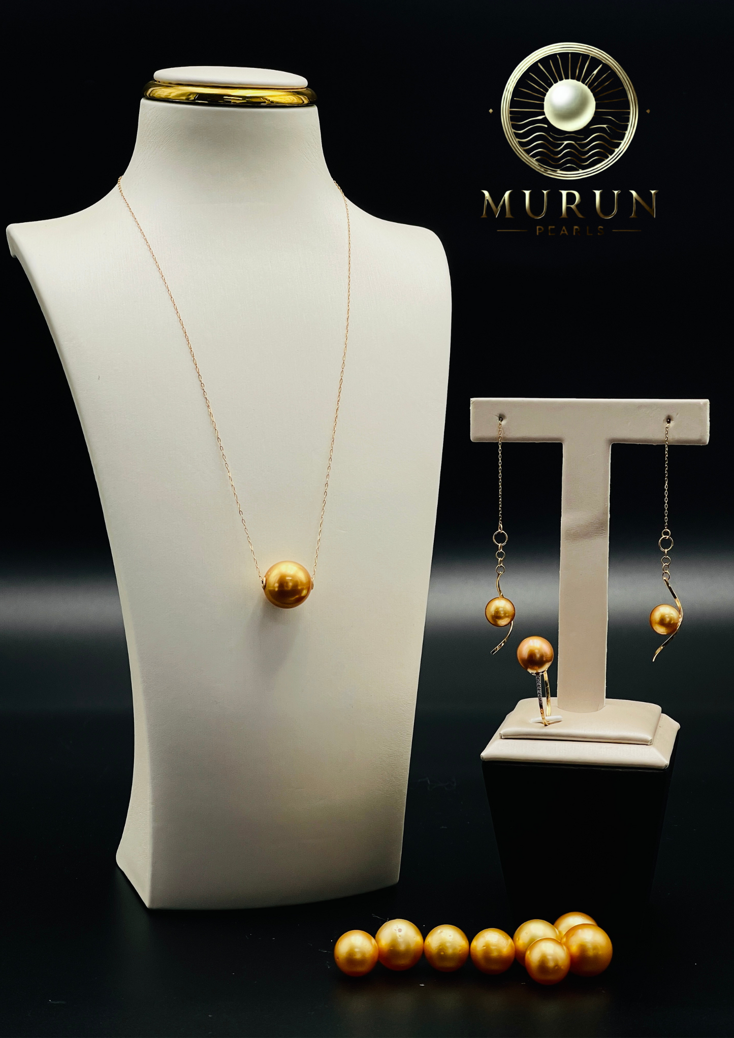 Golden South Sea Pearl Jewelry Set - Necklace, Earrings & Ring