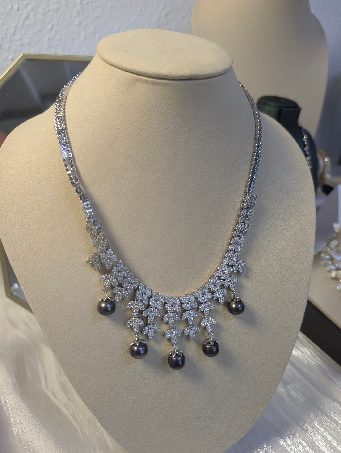 Royal Black Pearl Necklace with Diamond-Leaf Design