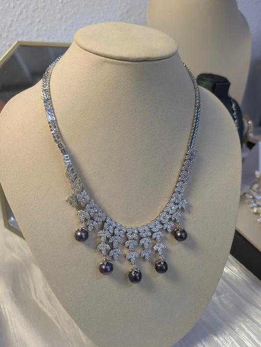 Royal Black Pearl Necklace with Diamond-Leaf Design