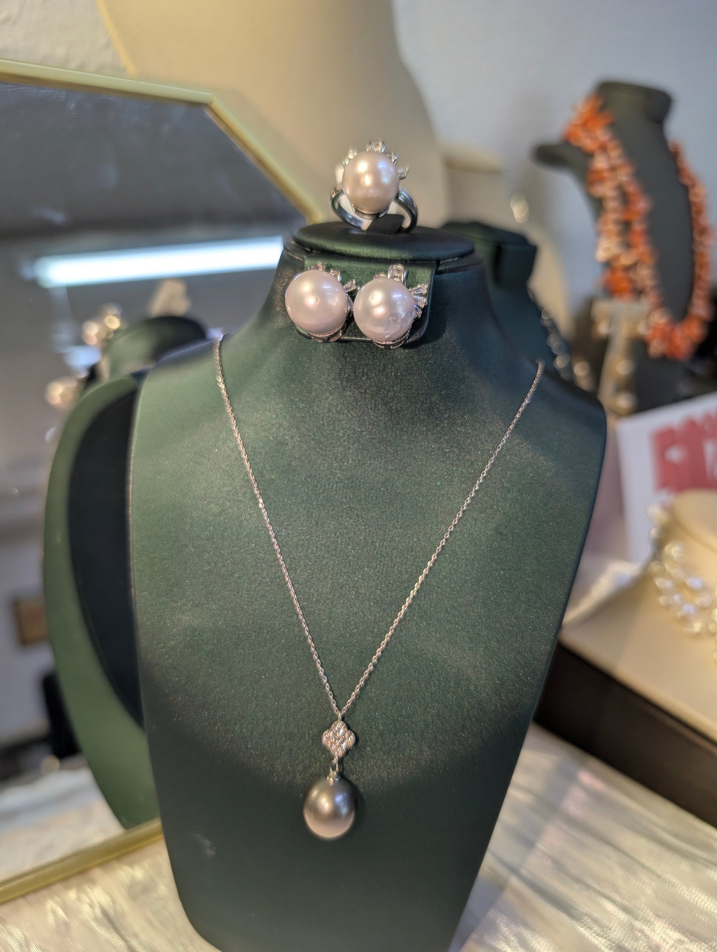 South Sea Silver Pearl Jewelry Set (Necklace, Earrings & Ring
