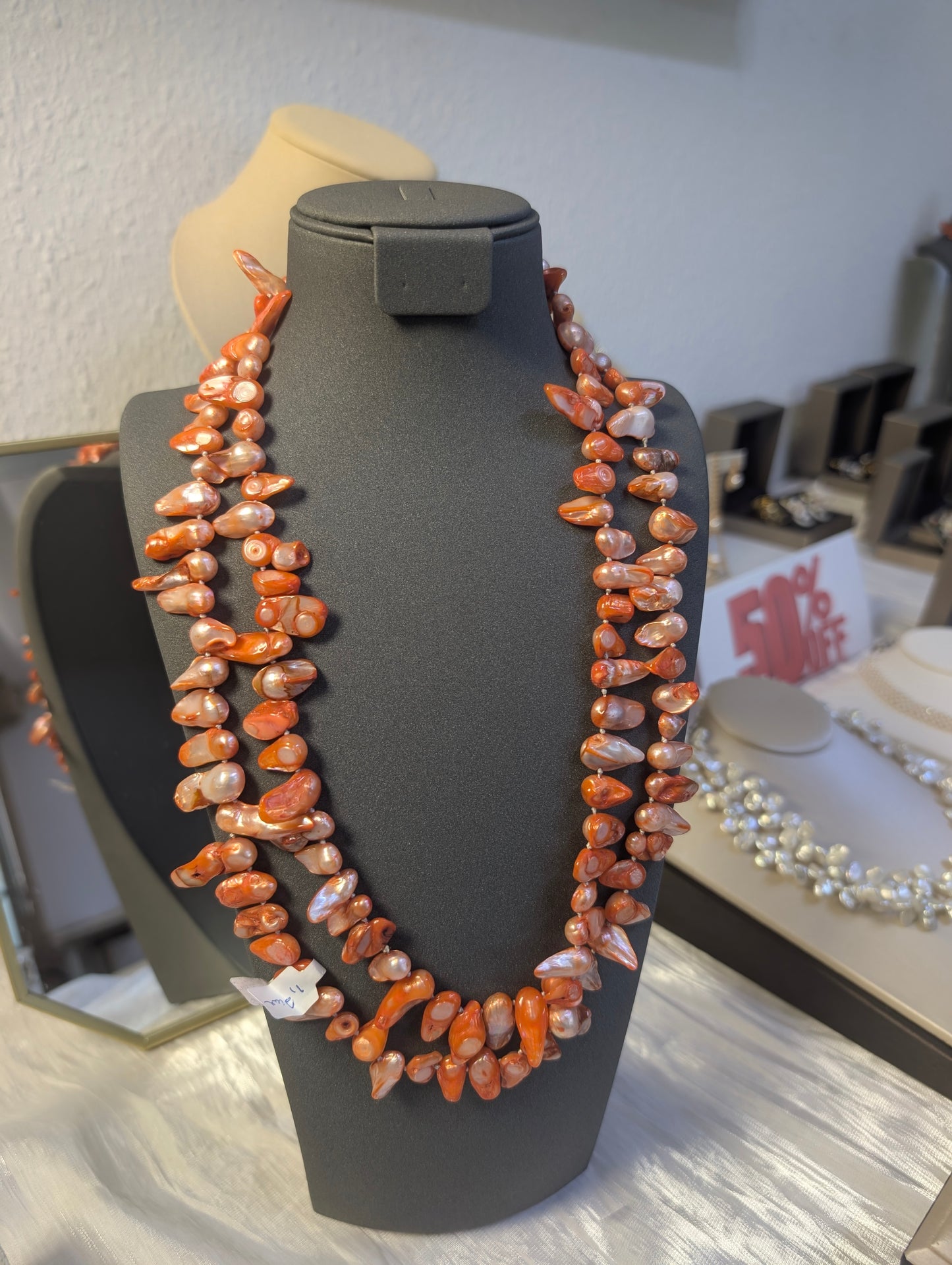 Triple Strand Coral Orange Freshwater Pearl Necklace,