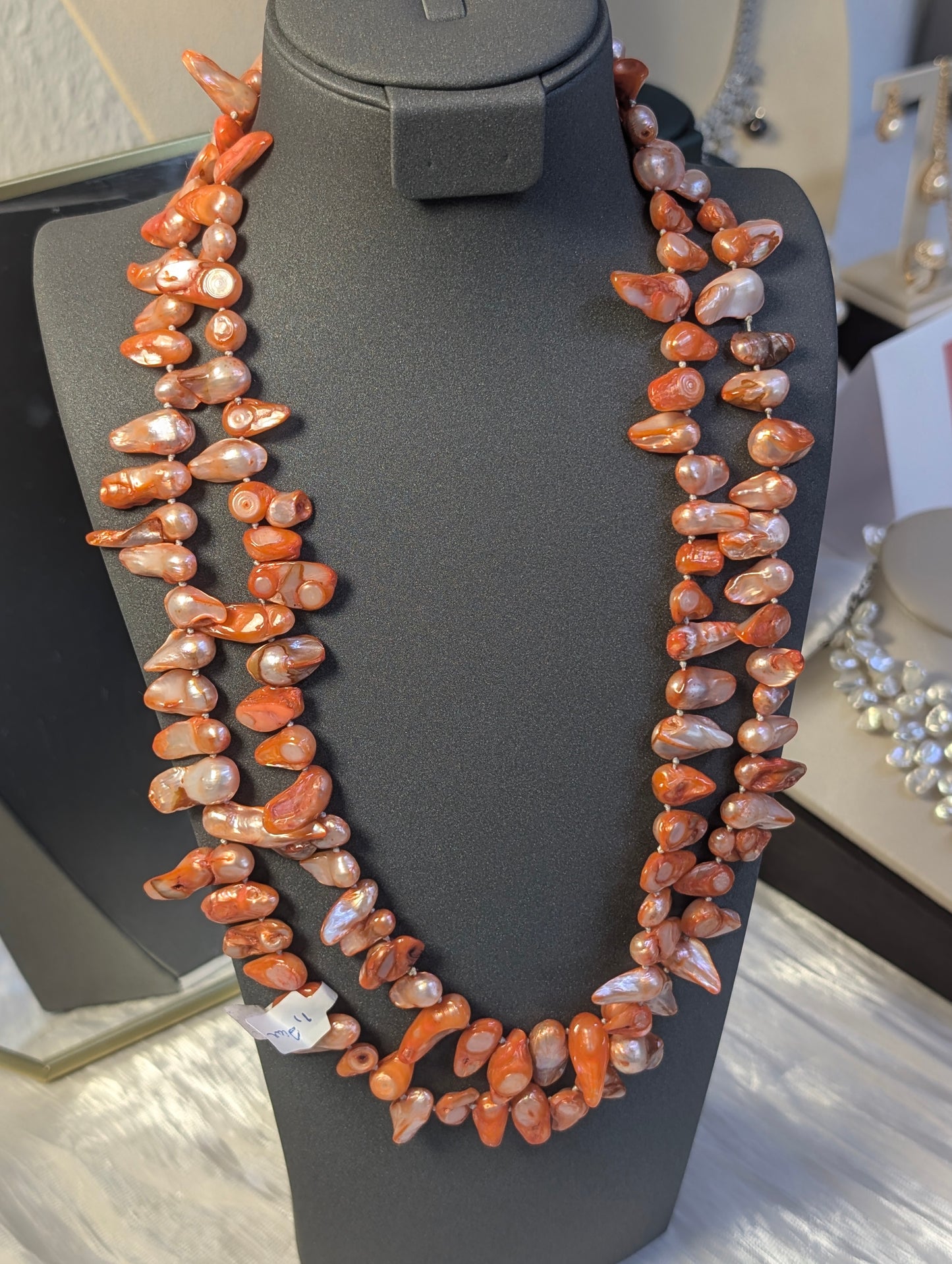 Triple Strand Coral Orange Freshwater Pearl Necklace,