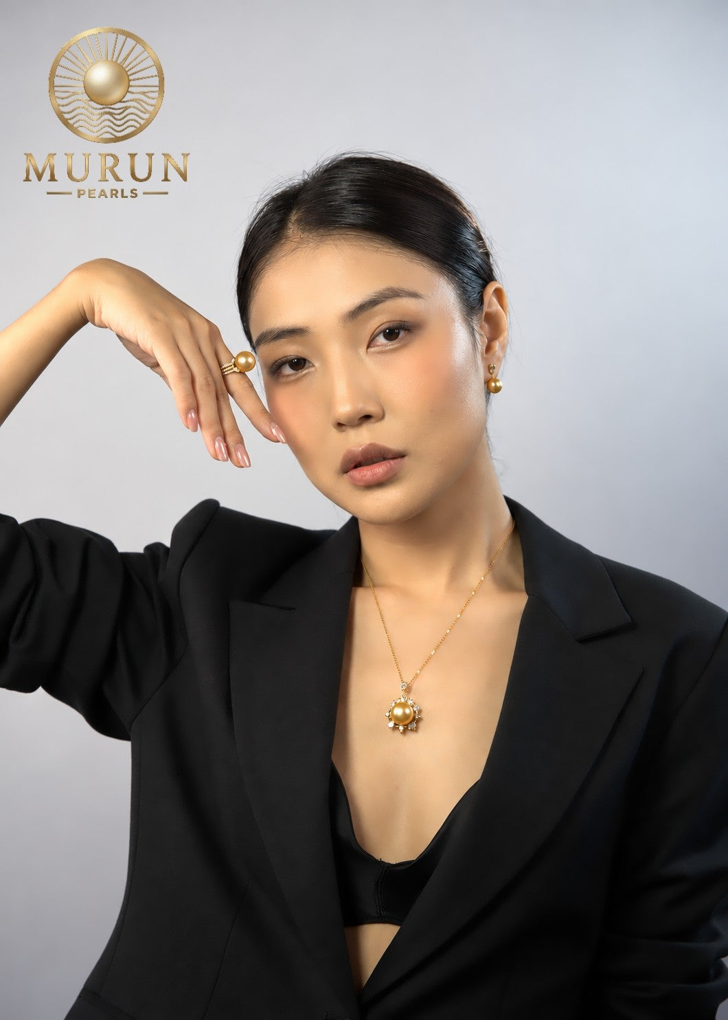 Golden South Sea pearl ring and radiant halo pendant, Murun Pearls Limited Edition