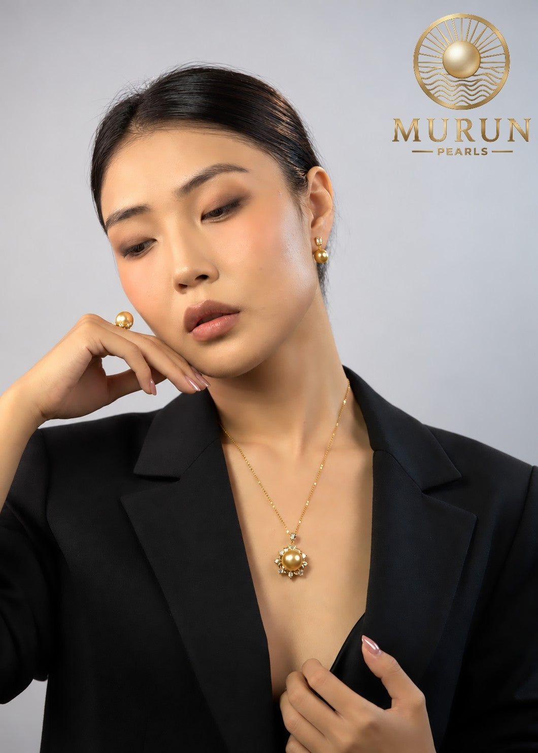 Golden South Sea pearl drop earrings and pendant, Murun Pearls Limited Edition