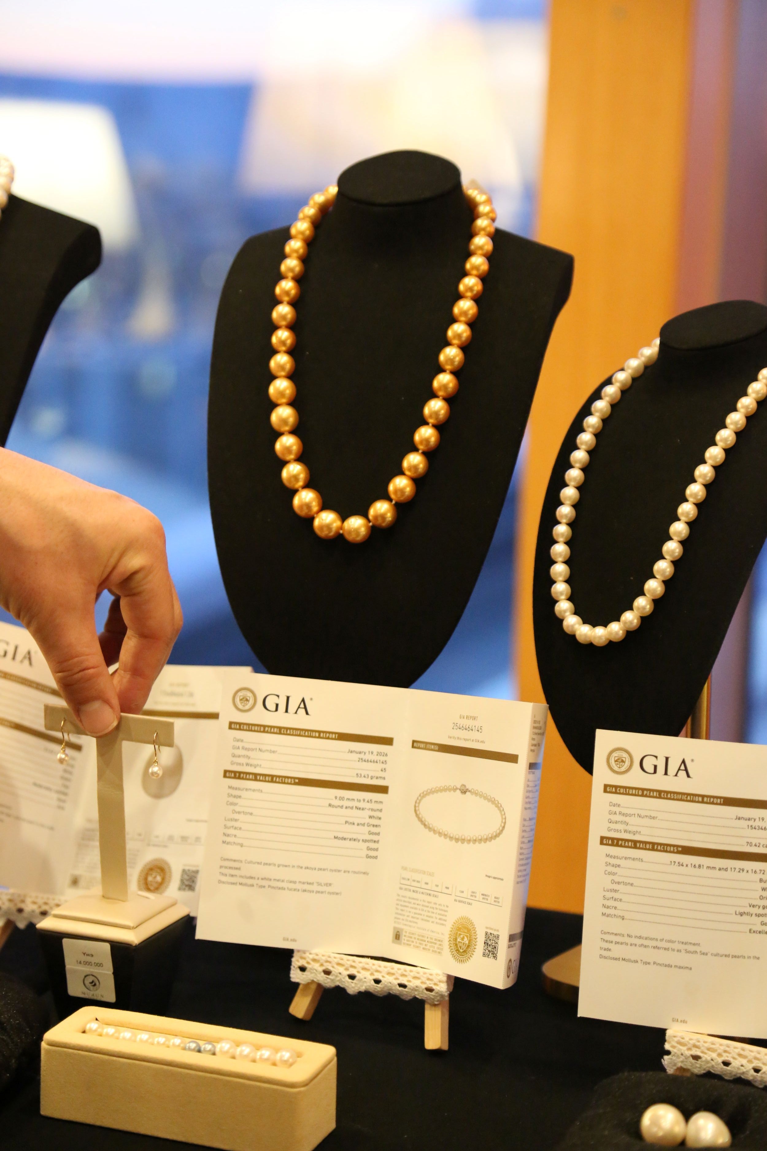 GIA pearl classification report alongside a golden South Sea pearl necklace and a white pearl necklace